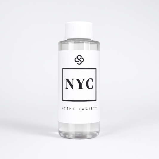 Scent Society diffuser fragrance oil in clear 100ml bottle labeled NYC, with white cap on neutral background.