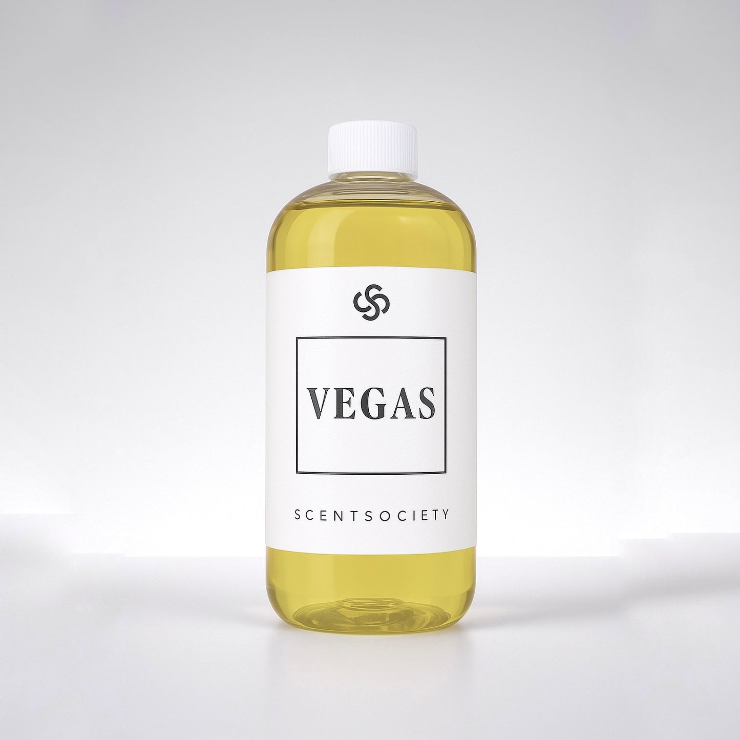 Scent Society diffuser fragrance oil in clear 500ml bottle labeled VEGAS, with white cap on neutral background.