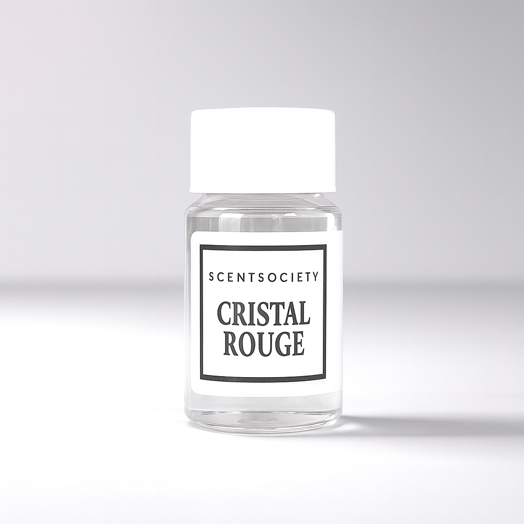 Clear plastic diffuser oil bottle with 'Cristal Rouge' Scent Society label on a white background