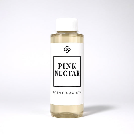 Scent Society diffuser fragrance oil in clear 100ml bottle labeled Pink Nectar, with white cap on neutral background.