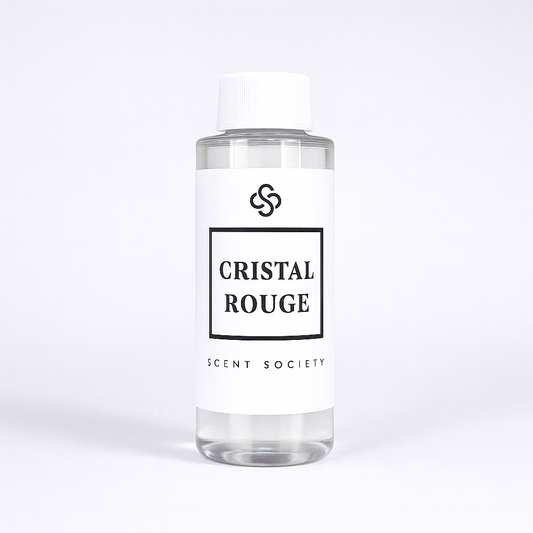 Clear plastic diffuser oil bottle with 'Cristal Rouge' Scent Society label on a white background
