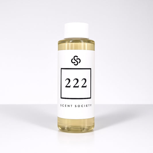 Scent Society diffuser fragrance oil in clear 100ml bottle labeled 222, with white cap on neutral background.