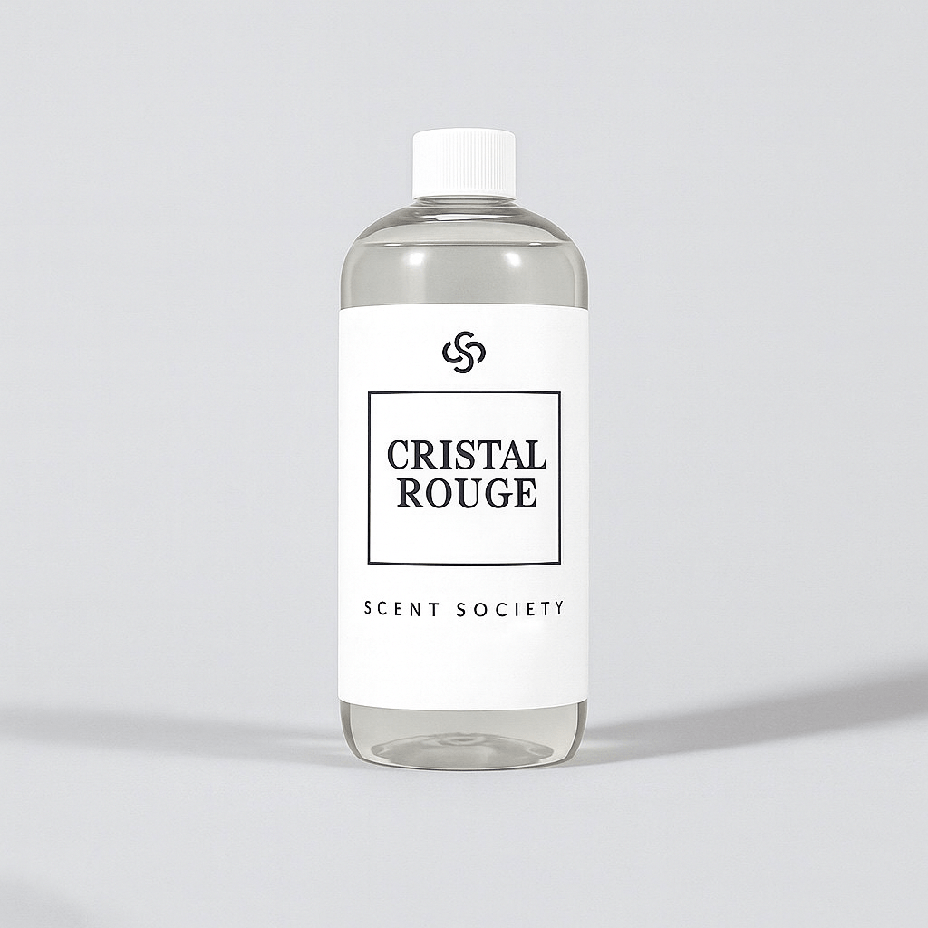 Clear plastic diffuser oil bottle with 'Cristal Rouge' Scent Society label on a white background