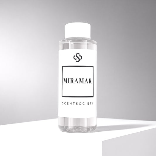 Scent Society diffuser fragrance oil in clear 100ml bottle labeled Miramar, with white cap on neutral background.