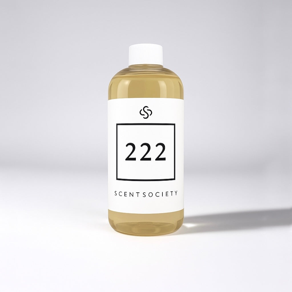 Scent Society diffuser fragrance oil in clear 500ml bottle labeled 222, with white cap on neutral background.