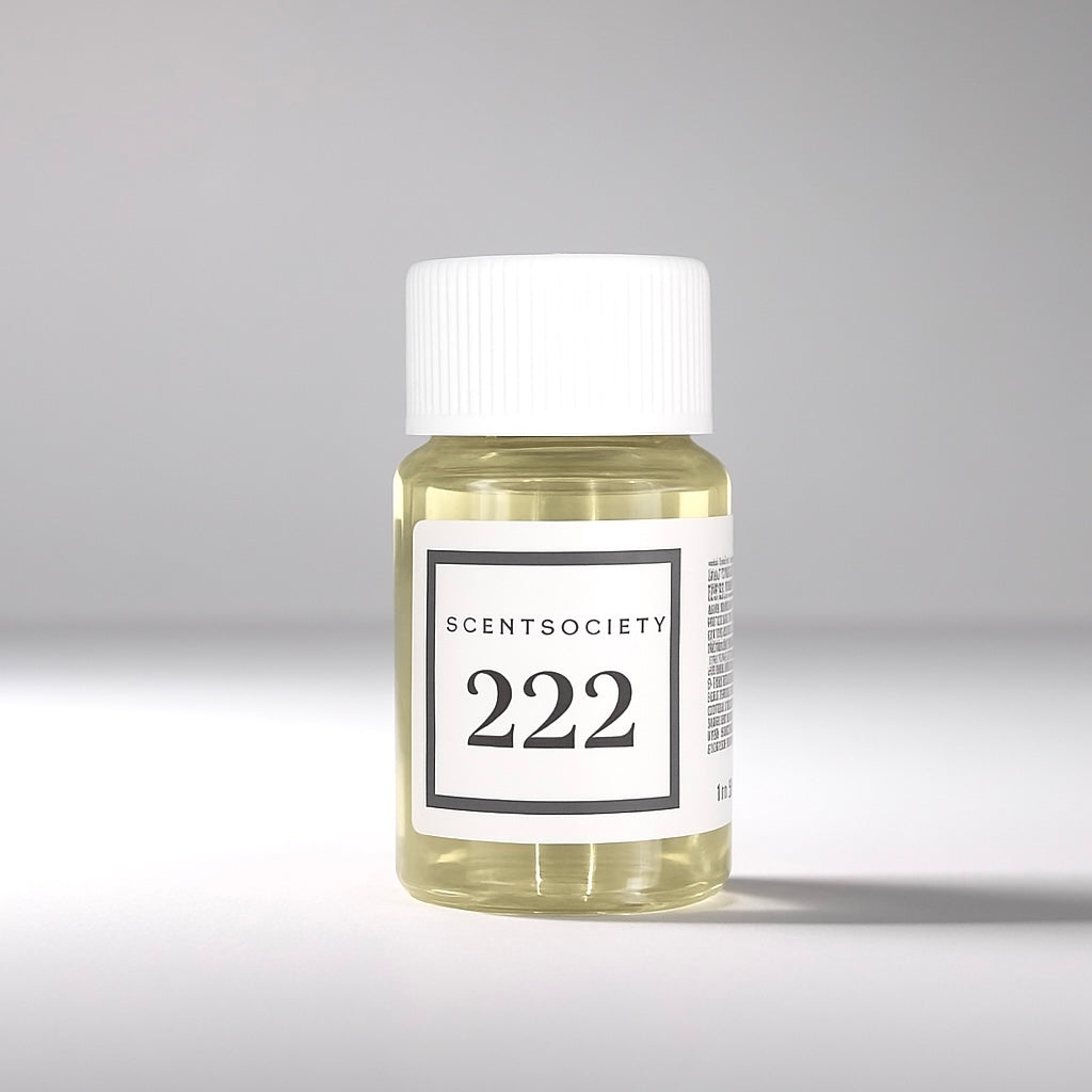 20ml bottle of Scent Society labeled '222' diffuser oil on a neutral background. Clear plastic bottle with white cap and minimalist black-and-white label, filled with fragrance oil. Aromatherapy oil for use in cold air diffusers.