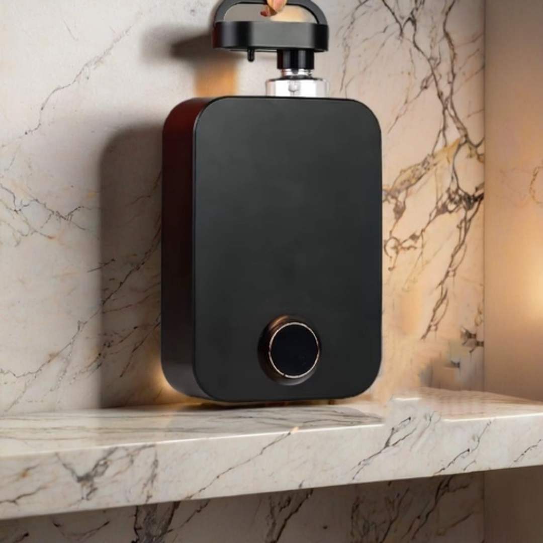 Black rectangular scent diffuser with rounded edges and gold control dial, displayed against a marble tile backdrop- luxury fragrance diffuser for home, business or spa settings.
