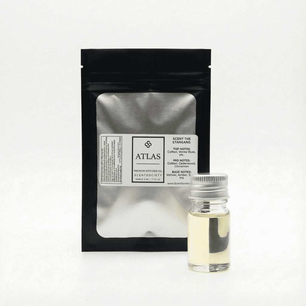 Scented packaging with a small bottle of oil on a white background