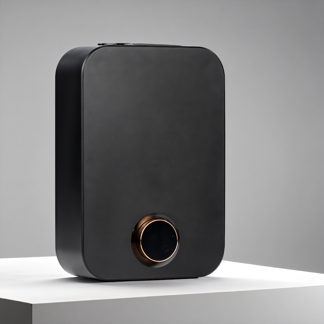 Matte black rectangular scent diffuser with rounded edges and metallic gold control dial, designed for medium to large spaces — luxury home fragrance diffuser.