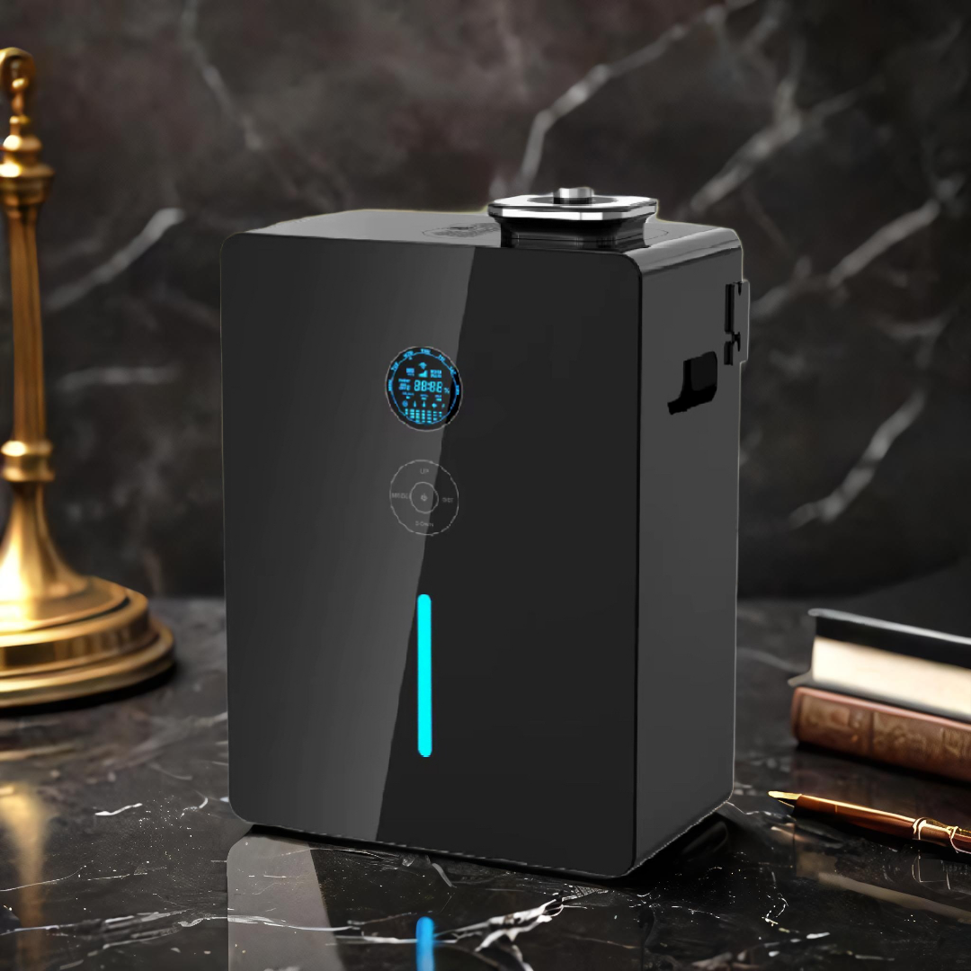 Black, rectangular scent diffuser with LED screen, control panel, and vertical teal light, displayed on a black marble surgace with gold lamp and books - high-capacity gragrance diffuser for luxury commercial or office or environments.