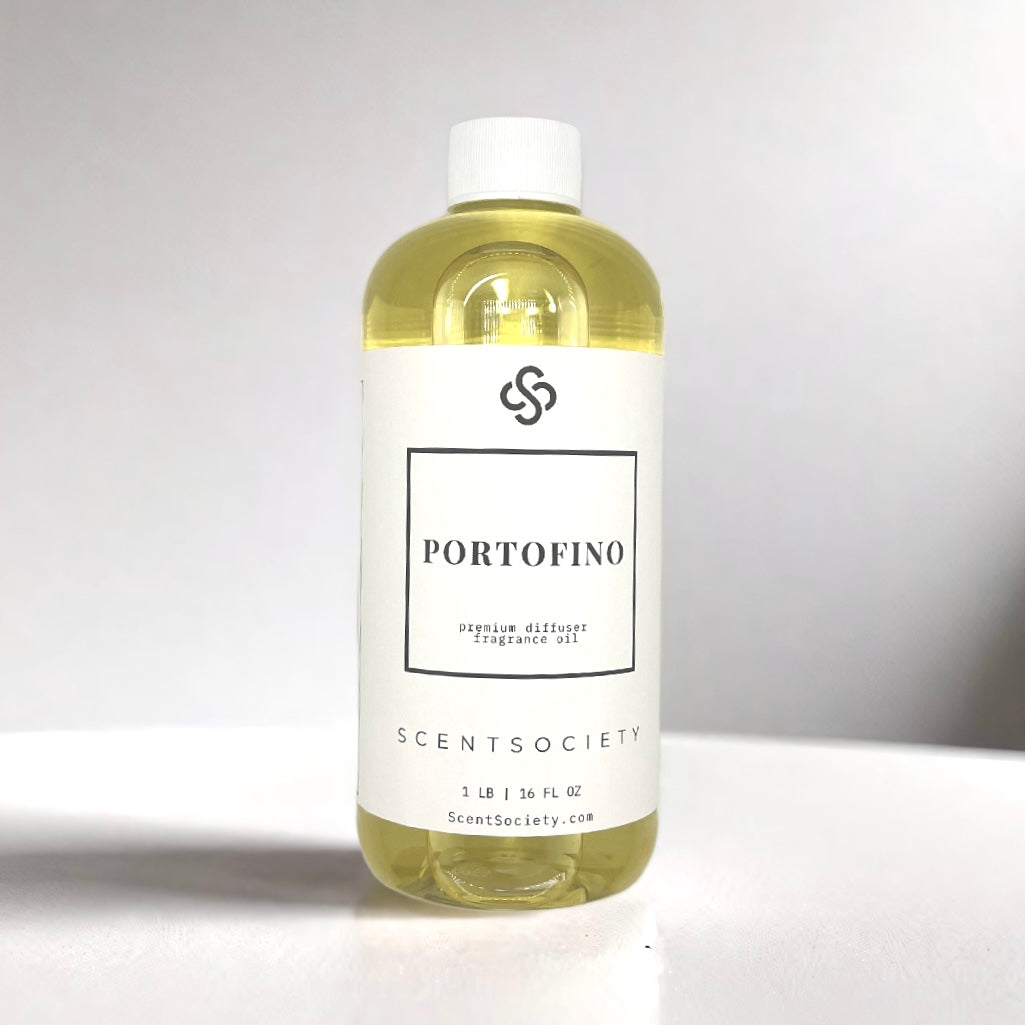 Scent Society diffuser fragrance oil in clear 500ml bottle labeled Portofino, with white cap on neutral background.
