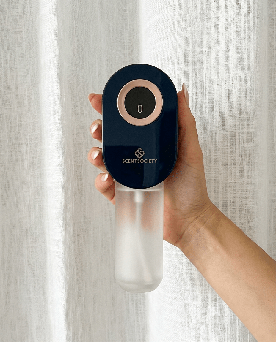 Hand holding a Scent Society plug-in Scent Diffuser against a neutral curtain background