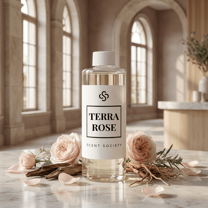 Bottle of Terra Rose Scent Society diffuser oil on a marble surface with flowers in a softly lit room.