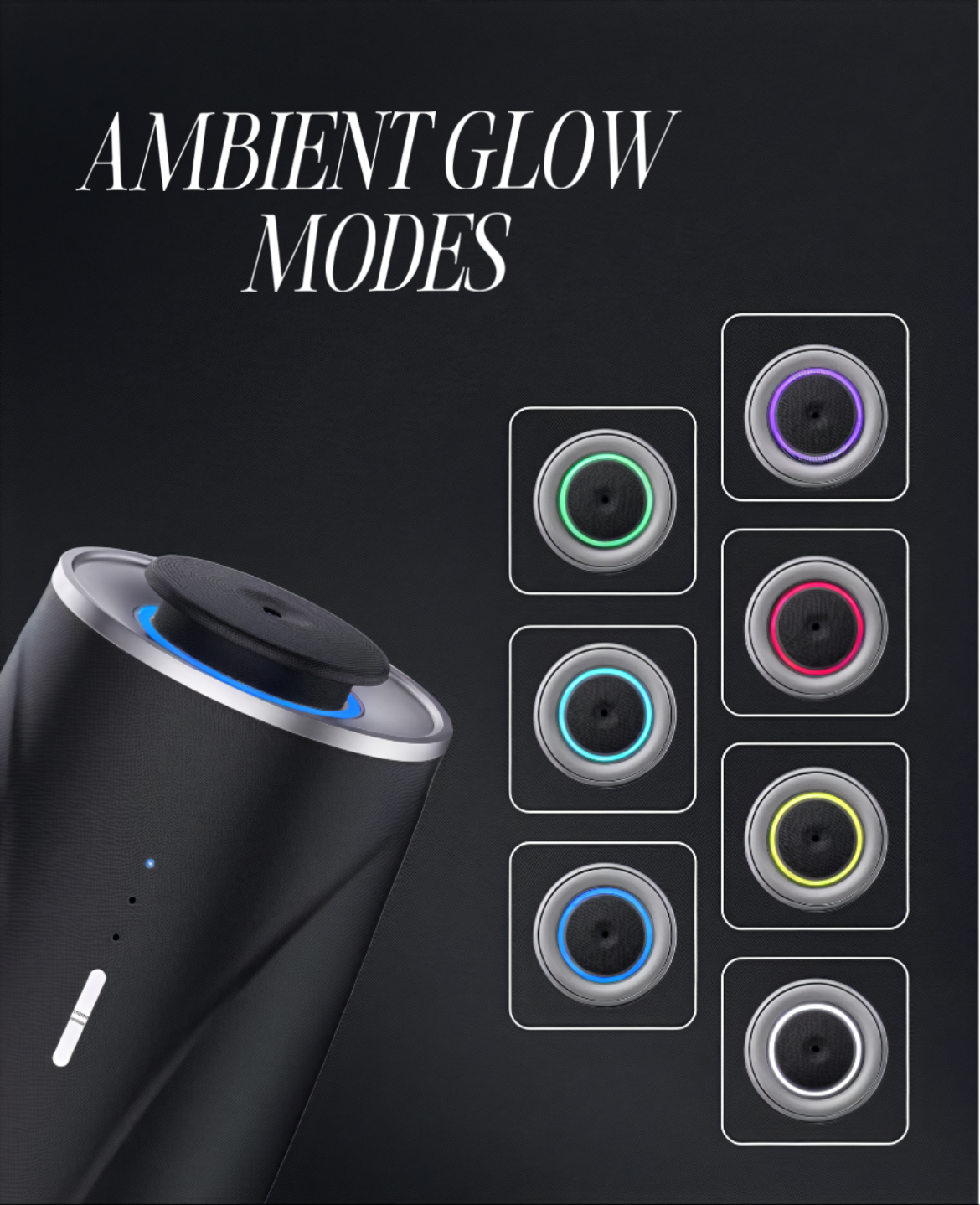 Scent Society VALET black car diffuser featuring ambient flow light modes in eight colors- blue, purple, pink, green, cyan, yellow, aqua, and white- shown with a labeled graphic on a black background.