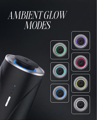 Scent Society VALET black car diffuser featuring ambient flow light modes in eight colors- blue, purple, pink, green, cyan, yellow, aqua, and white- shown with a labeled graphic on a black background.