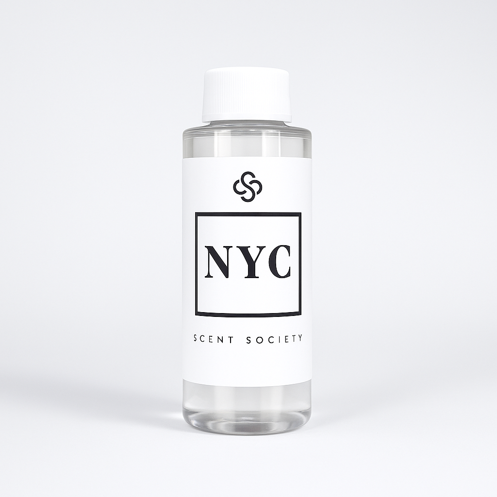 Scent Society diffuser fragrance oil in clear 100ml bottle labeled NYC, with white cap on neutral background.