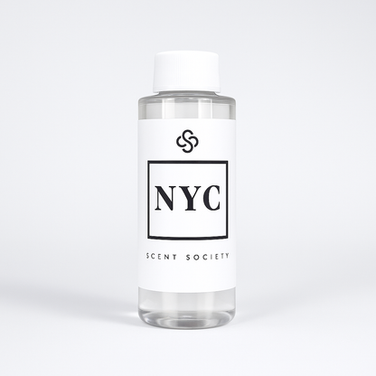 Scent Society diffuser fragrance oil in clear 100ml bottle labeled NYC, with white cap on neutral background.