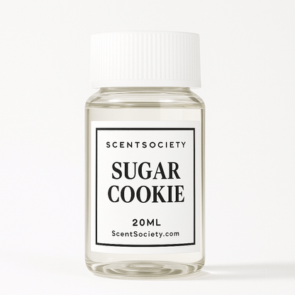 Small clear diffuser oil bottle labeled 'Sugar Cookie' by Scent Society on a white background
