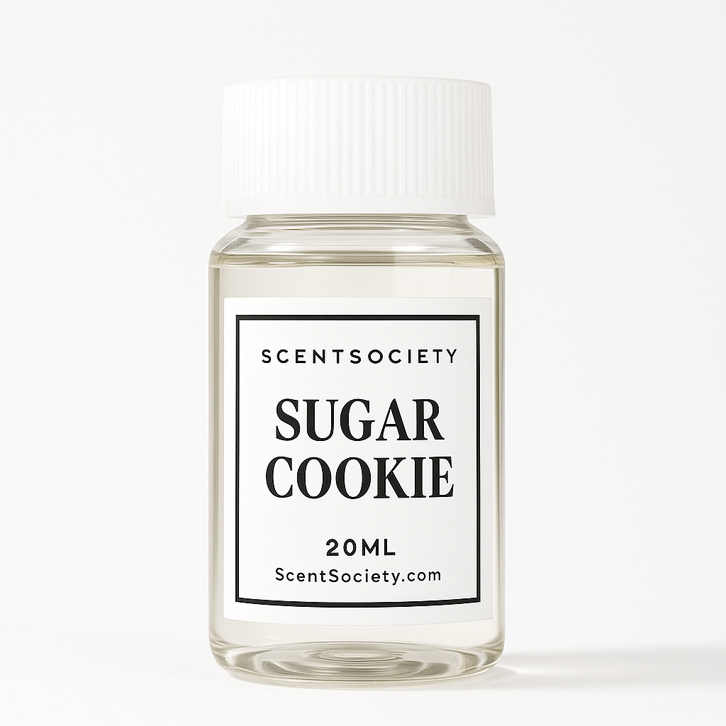 Small clear diffuser oil bottle labeled 'Sugar Cookie' by Scent Society on a white background