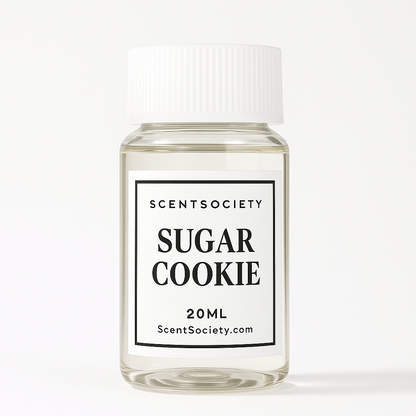 Small clear diffuser oil bottle labeled 'Sugar Cookie' by Scent Society on a white background