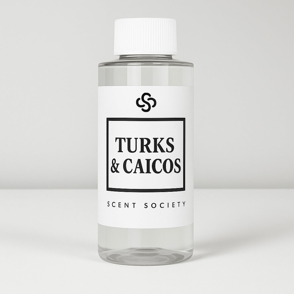 Clear bottle with a white cap and label featuring 'Turks & Caicos' and 'Scent Society' on a light gray background.