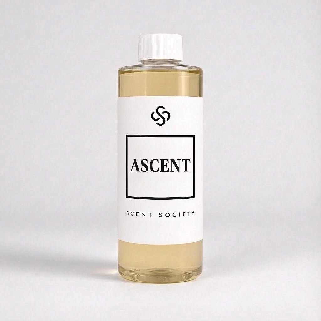Scent Society Ascent fragrance diffuser oil , 200 ml clear bottle with white label. Product image on neutral background.