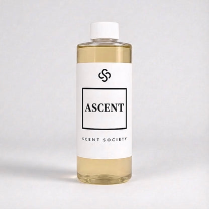 Scent Society Ascent fragrance diffuser oil , 200 ml clear bottle with white label. Product image on neutral background.