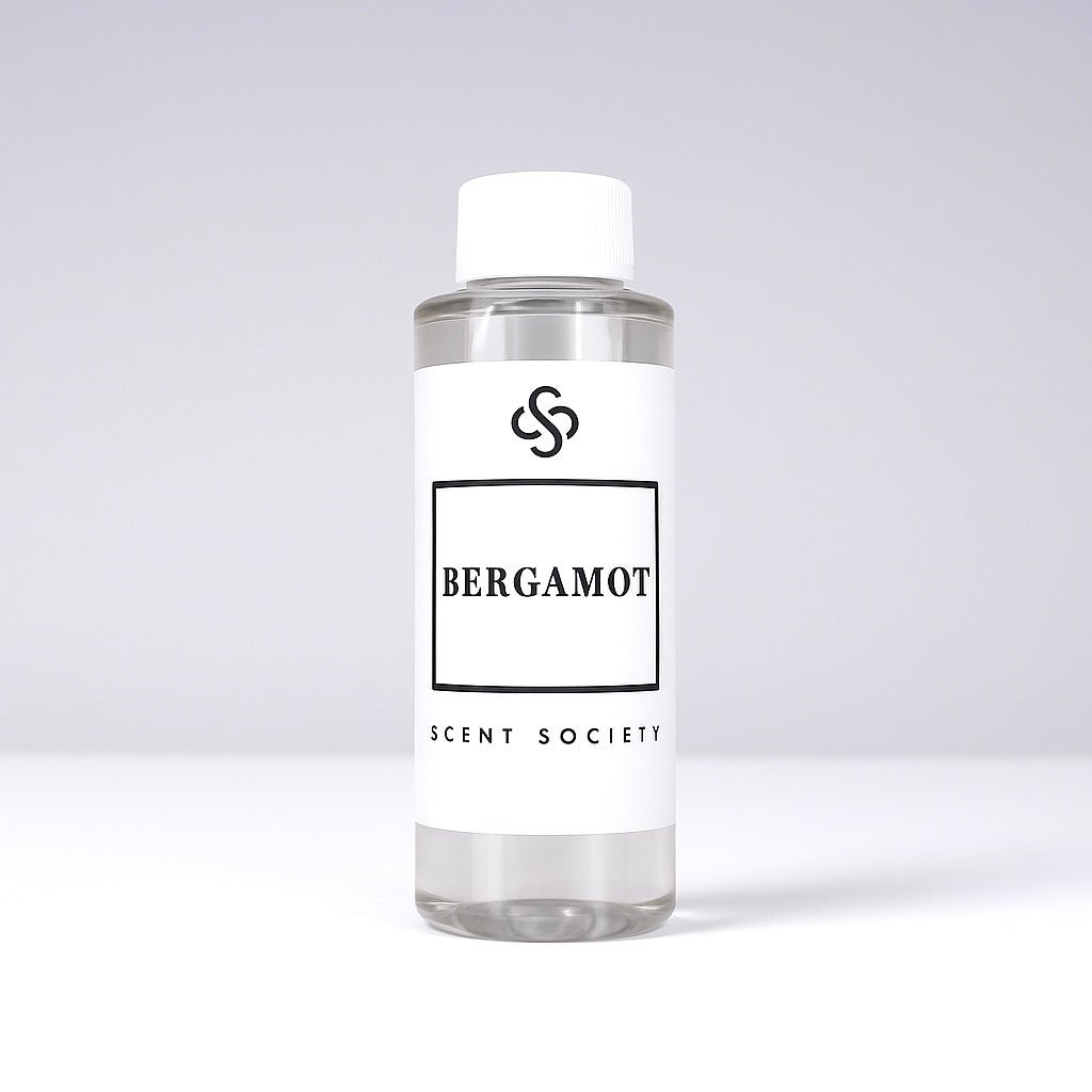Scent Society diffuser fragrance oil in clear 100ml bottle labeled Bergamot, with white cap on neutral background.