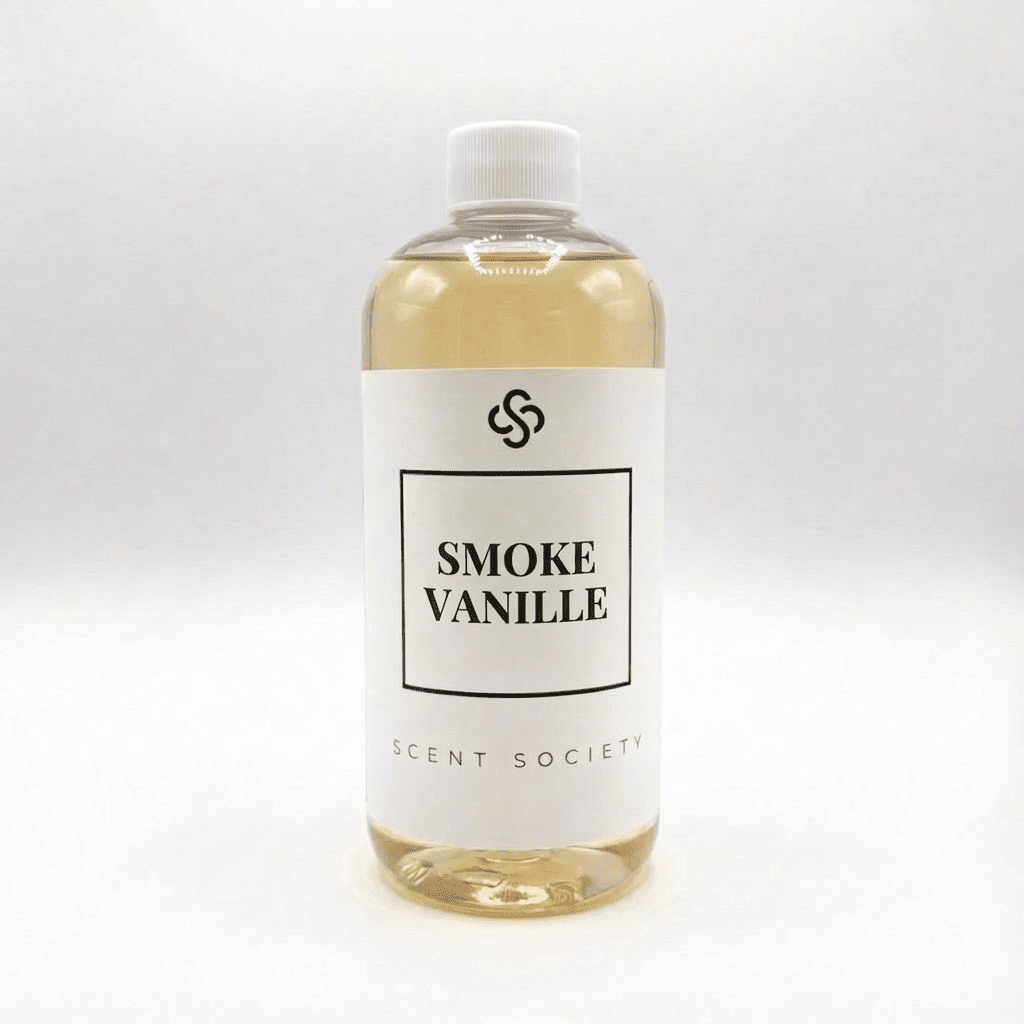 Bottle of 'Smoke Vanille' diffuser oil by Scent Society on a white background
