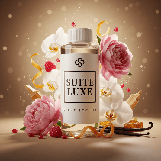 Bottle of Suite Luxe by Scent Society with flowers and berries on a warm background