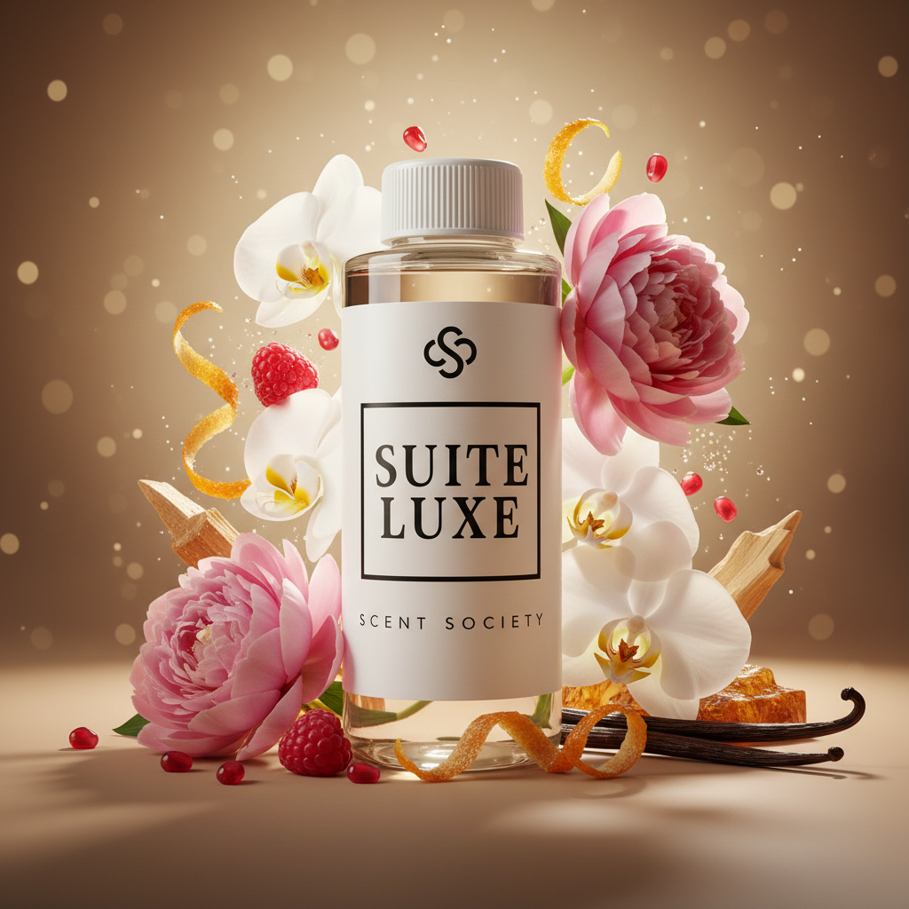 Bottle of Suite Luxe by Scent Society with flowers and berries on a warm background