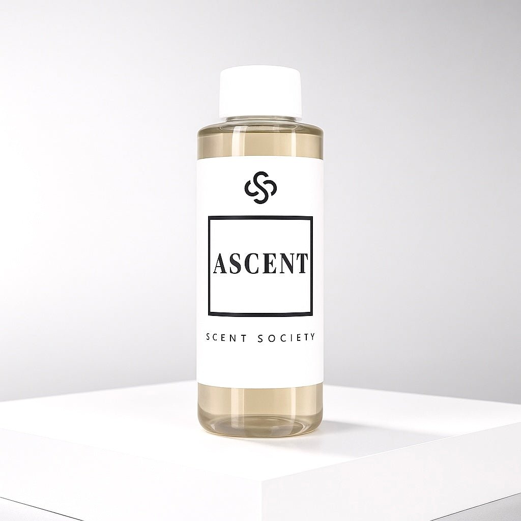 Scent Society diffuser fragrance oil in clear 100ml bottle labeled Ascent, with white cap on neutral background.