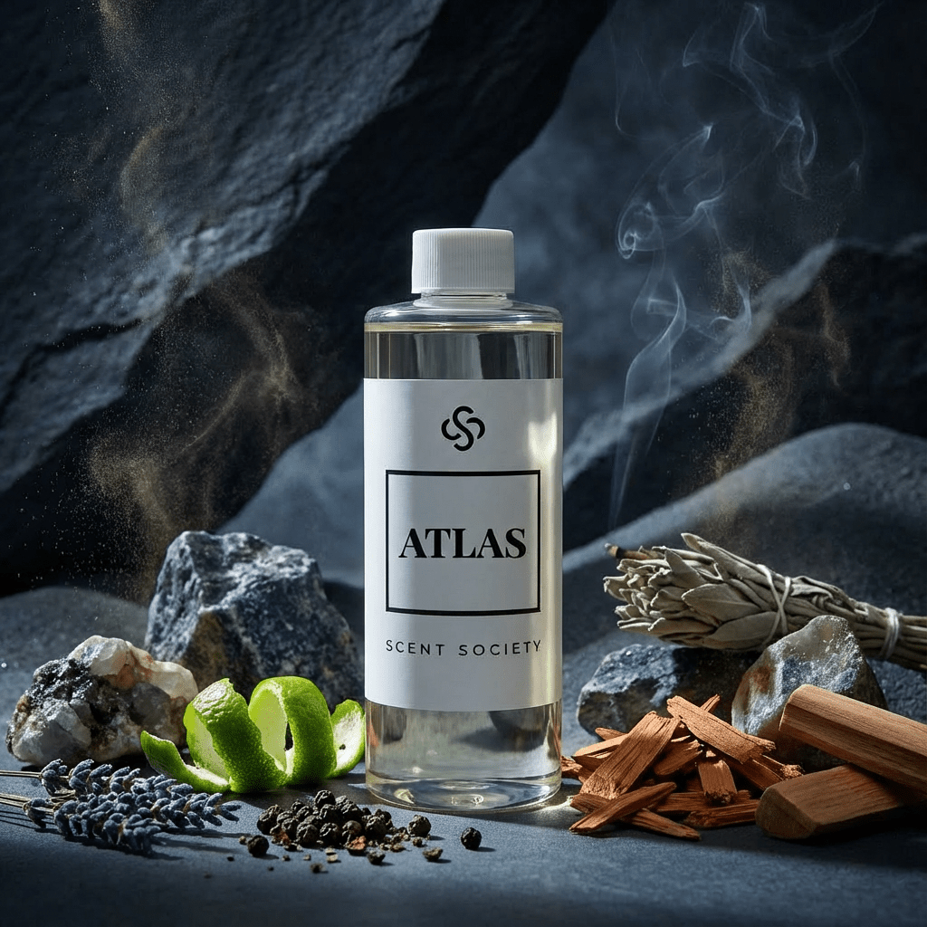 Bottle of 'Atlas' from 'Scent Society' surrounded by aromatic items on a dark background