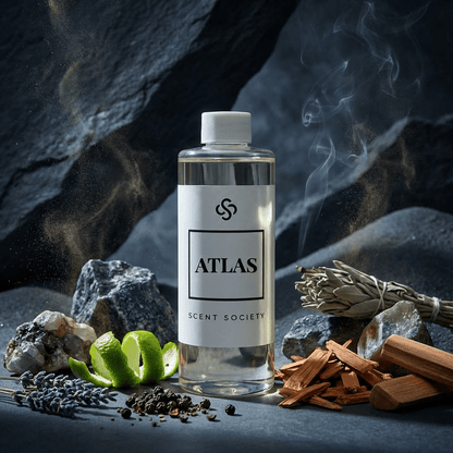 Bottle of 'Atlas' from 'Scent Society' surrounded by aromatic items on a dark background
