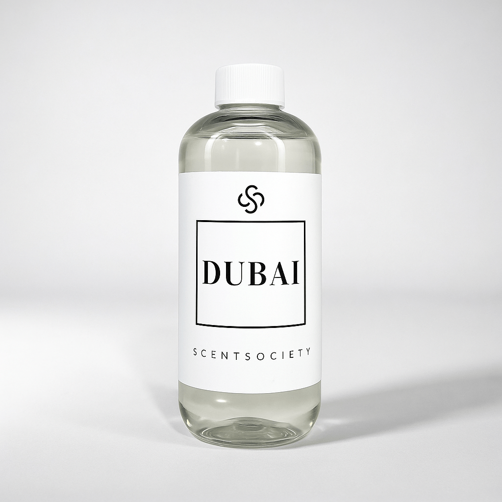 Scent Society diffuser fragrance oil in clear 500ml bottle labeled Dubai, with white cap on neutral background.