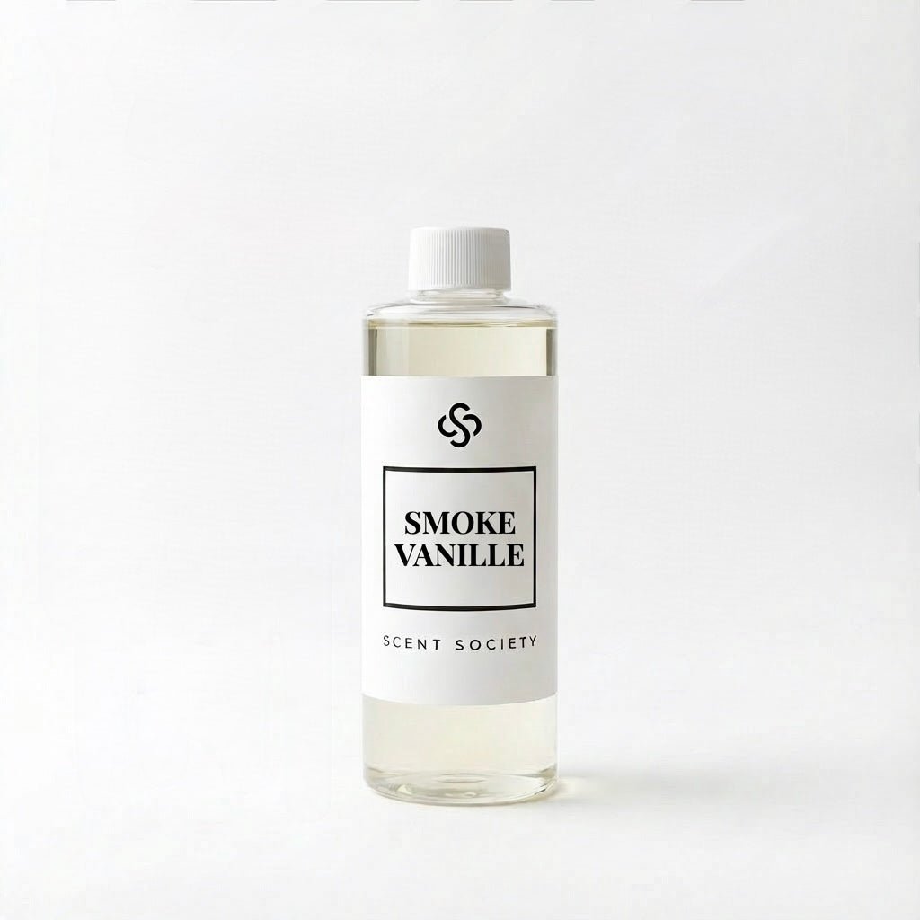 Scent Society Smoke Vanilla diffuser oil bottle with white cap and white label.