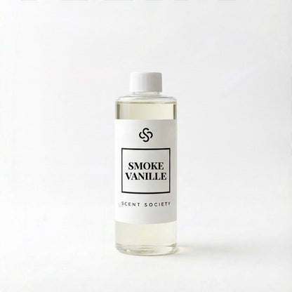 Scent Society Smoke Vanilla diffuser oil bottle with white cap and white label.