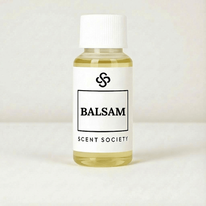 Scent Society Balsam Diffuser oil bottle with white cap and white label photographed upright on a neutral white background
