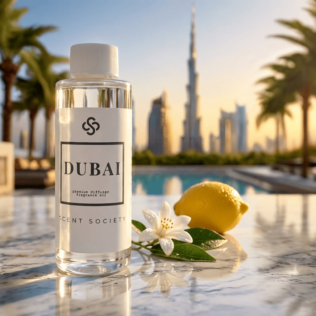 Bottle of 'Dubai' fragrance oil with a lemon and flower on a reflective surface, with a city skyline in the background.