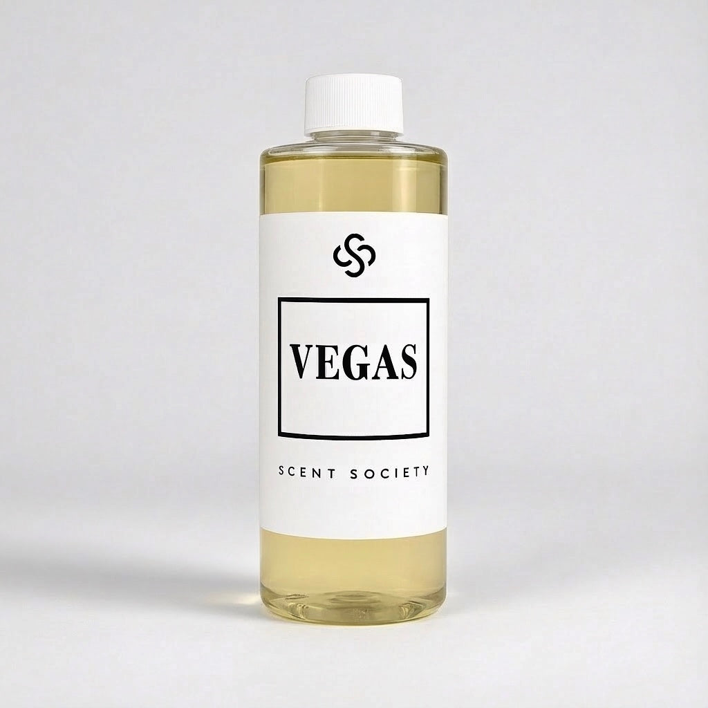 Scent Society Vegas fragrance diffuser oil , 200 ml clear bottle with white label. Product image on neutral background.
