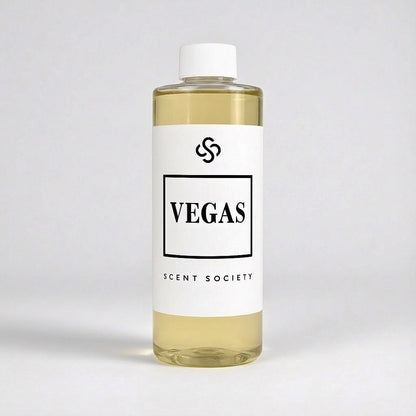 Scent Society Vegas fragrance diffuser oil , 200 ml clear bottle with white label. Product image on neutral background.