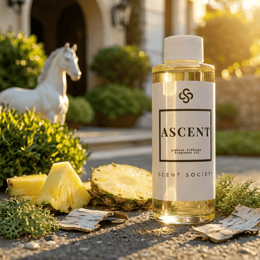 Bottle of Ascent fragrance oil from Scent Society with pineapple and horse statue in the background