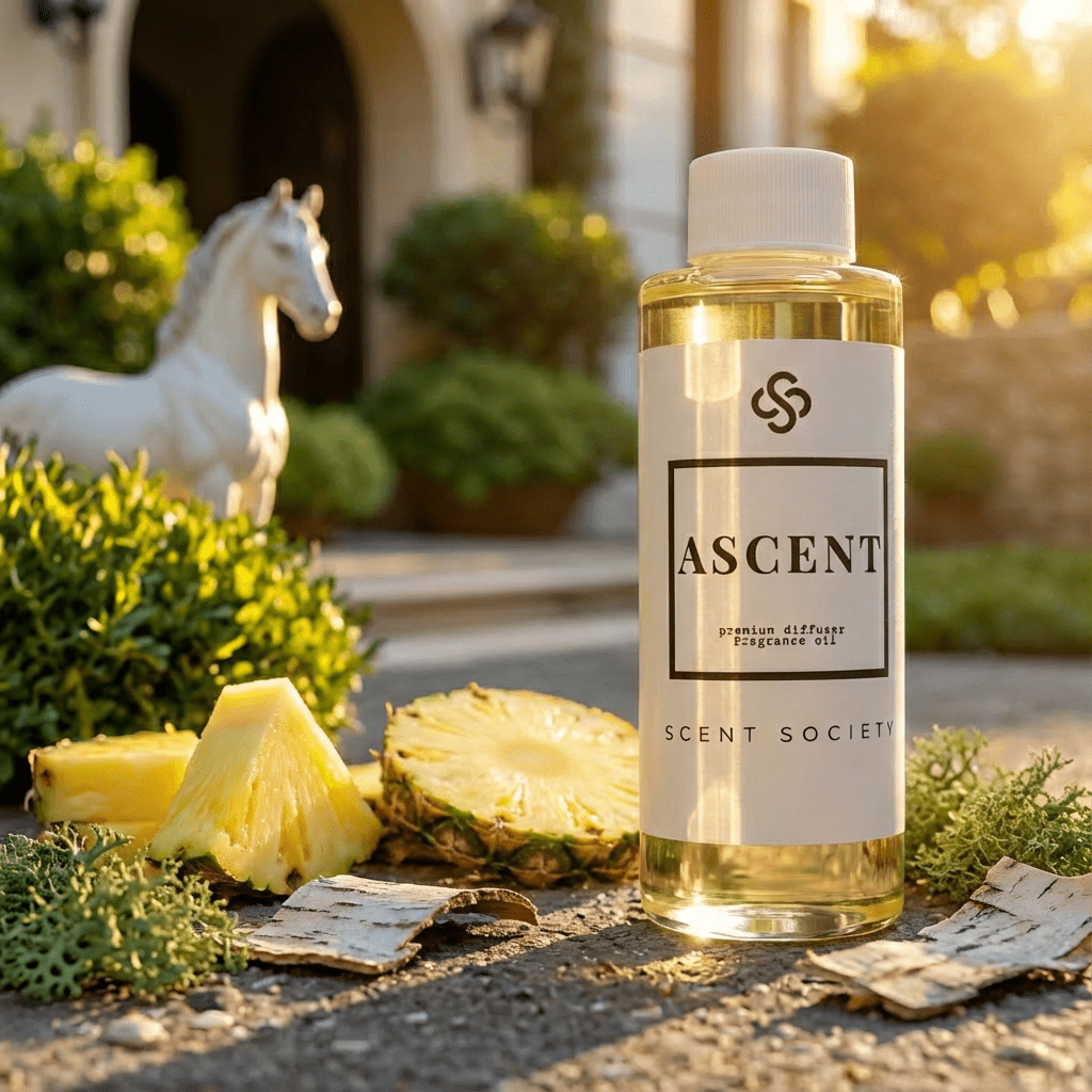 Bottle of Ascent fragrance oil from Scent Society with pineapple and horse statue in the background