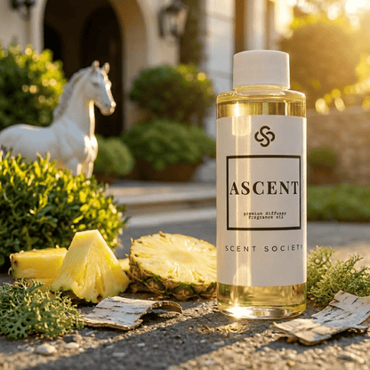 Bottle of Ascent fragrance oil from Scent Society with pineapple and horse statue in the background