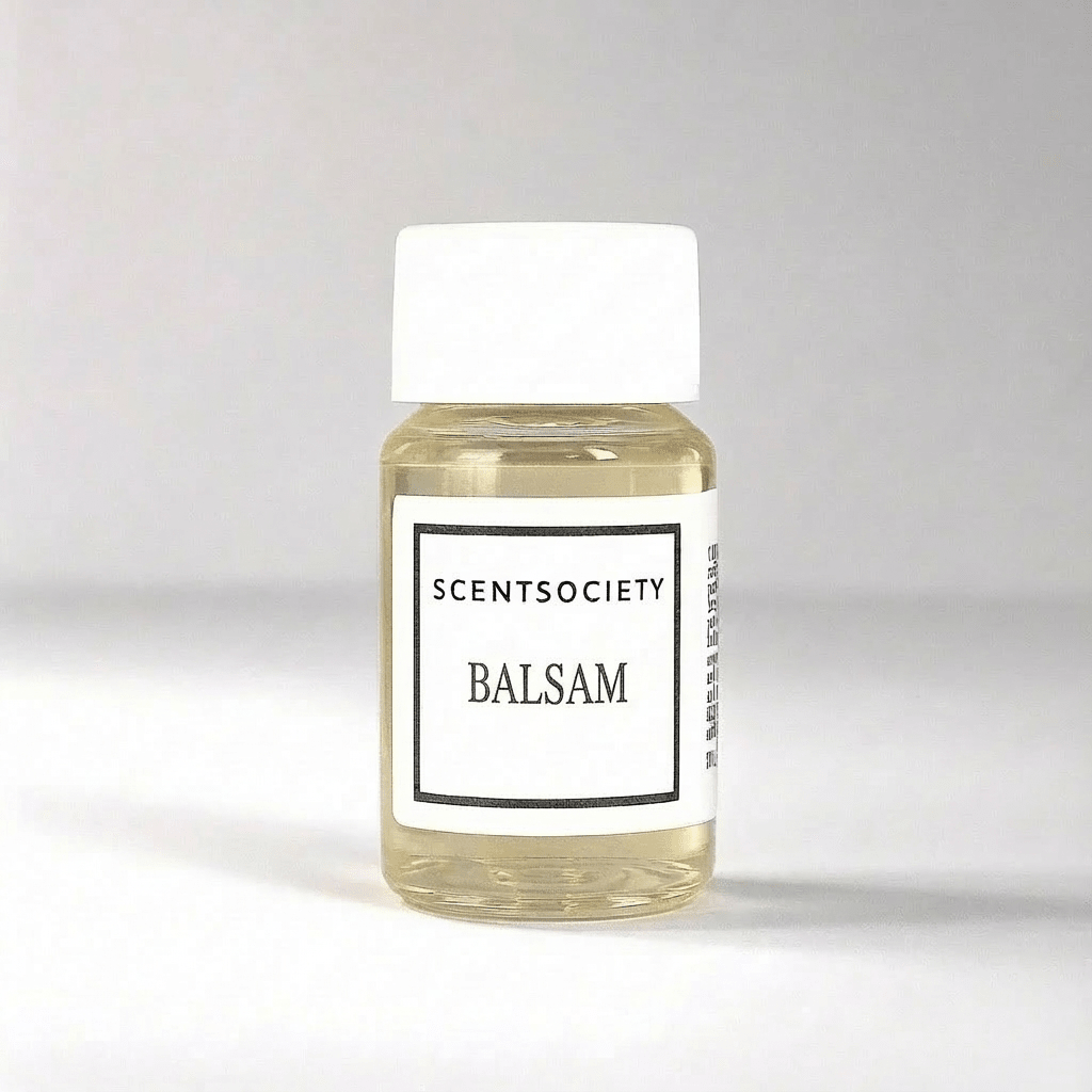 Scent Society Balsam diffuser oil bottle with white label and white lid on a gray studio background. Product shot.