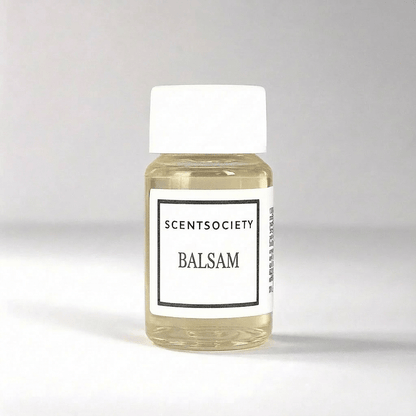 Scent Society Balsam diffuser oil bottle with white label and white lid on a gray studio background. Product shot.