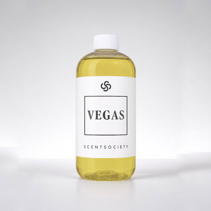Scent Society diffuser fragrance oil in clear 500 ml bottle labeled VEGAS, with white cap on neutral background.