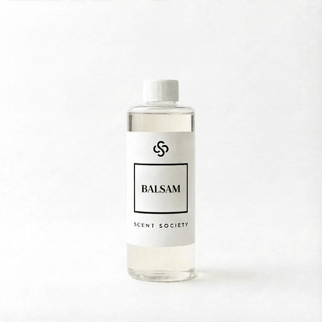 Scent Society Balsam diffuser oil bottle with clear glass, minimalist label, and white background
