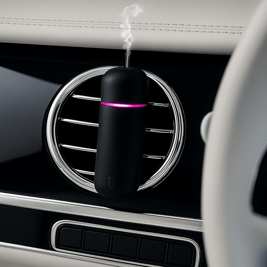 Black oil diffuser clipped on a car's circular air vent with a pink LED ring, releasing a fine mist of fragrance.