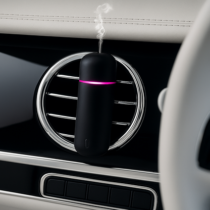 Black oil diffuser clipped on a car's circular air vent with a pink LED ring, releasing a fine mist of fragrance.